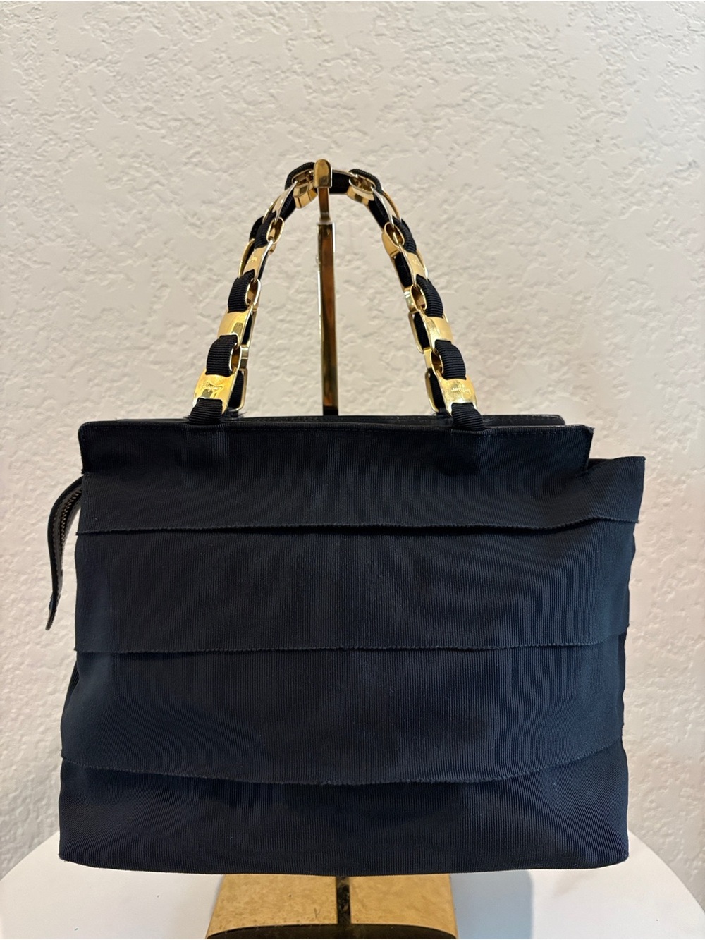 Salvatore Ferragamo Black Top-Handle Tote Bag with Gold Chain Handles